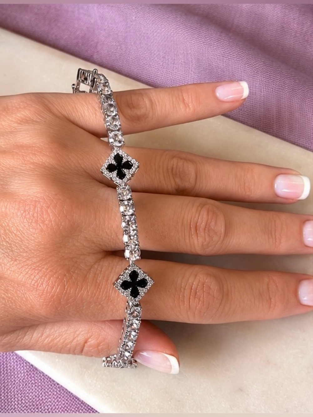 ✨ Lucky Clover Iced-Out Tennis Bracelet | 4mm CZ Chain | Black Enamel Clover 🖤✨ - Picture 3 of 9